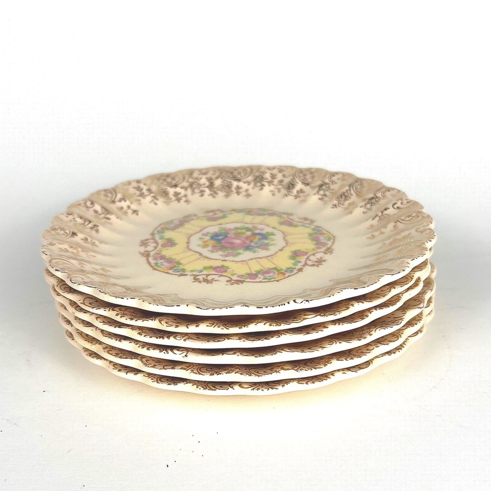 Trojan Sebring Trogan Delight Plates 22k Warranted Gold Scalloped Edge Set of 8